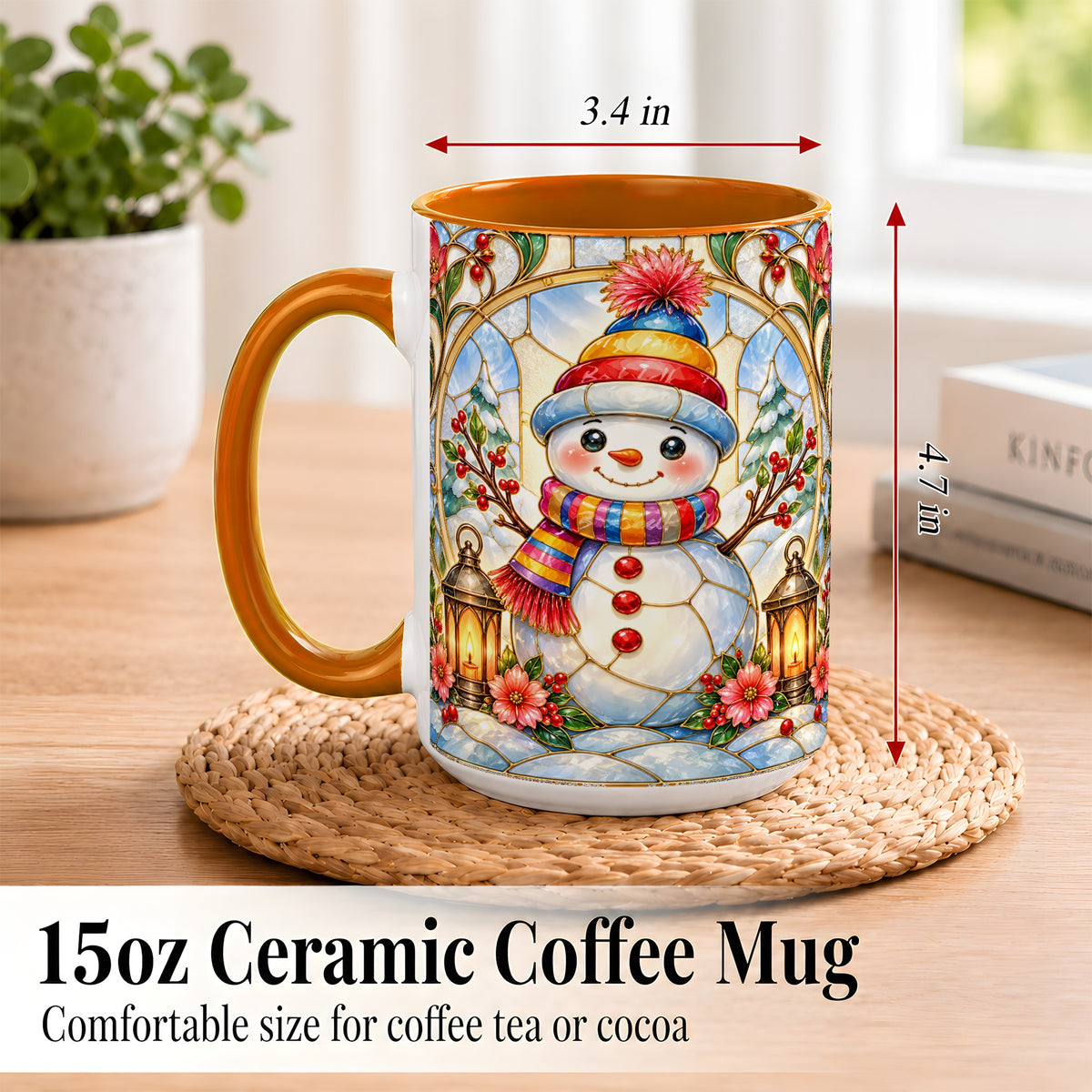 #pl[15oz|Orange] Stained Glass Style Snowman Coffee Mug, Winter Snowman Mug, Ceramic Cup