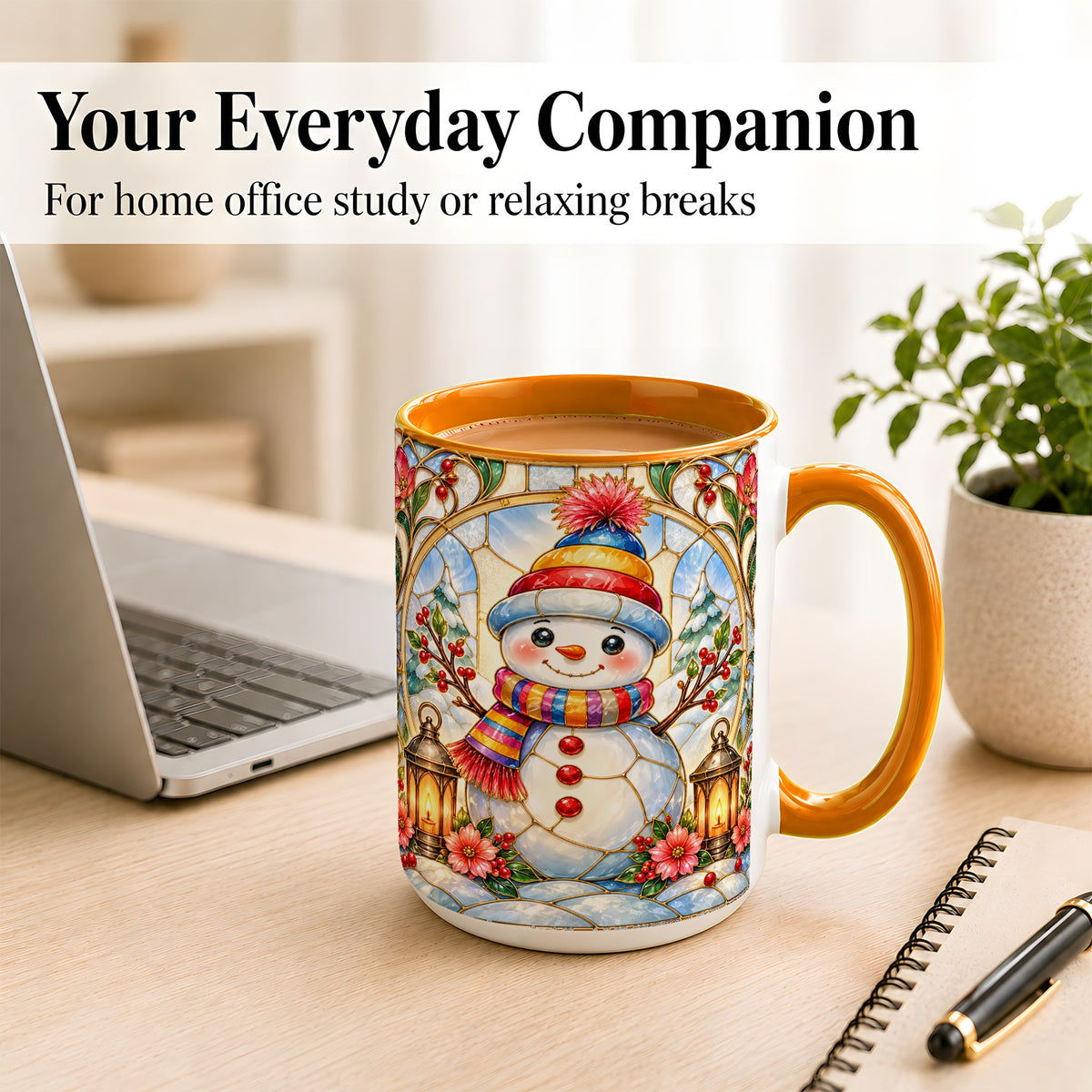 #pl[15oz|Orange] Stained Glass Style Snowman Coffee Mug, Winter Snowman Mug, Ceramic Cup