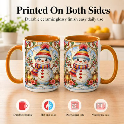 #pl[15oz|Orange] Stained Glass Style Snowman Coffee Mug, Winter Snowman Mug, Ceramic Cup
