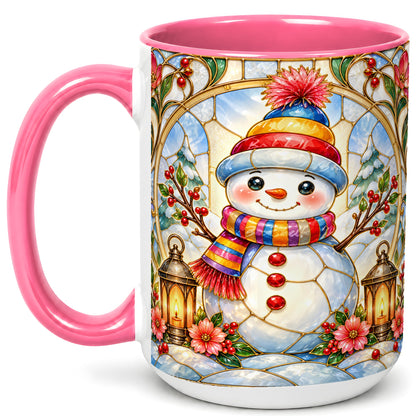 #pl[15oz|Pink] Stained Glass Style Snowman Coffee Mug, Winter Snowman Mug, Ceramic Cup