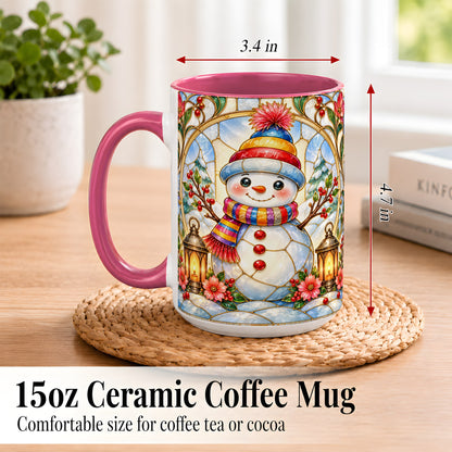#pl[15oz|Pink] Stained Glass Style Snowman Coffee Mug, Winter Snowman Mug, Ceramic Cup