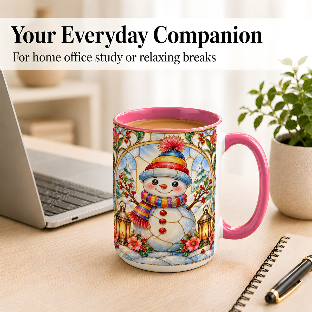 #pl[15oz|Pink] Stained Glass Style Snowman Coffee Mug, Winter Snowman Mug, Ceramic Cup