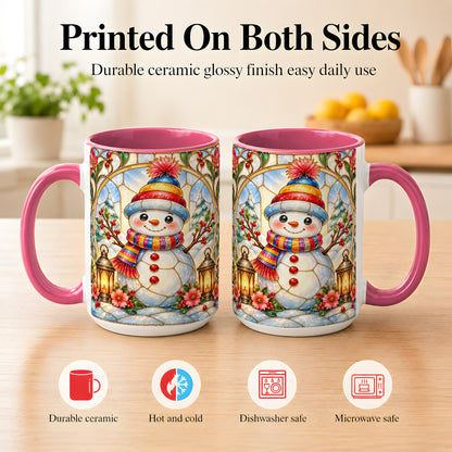 #pl[15oz|Pink] Stained Glass Style Snowman Coffee Mug, Winter Snowman Mug, Ceramic Cup