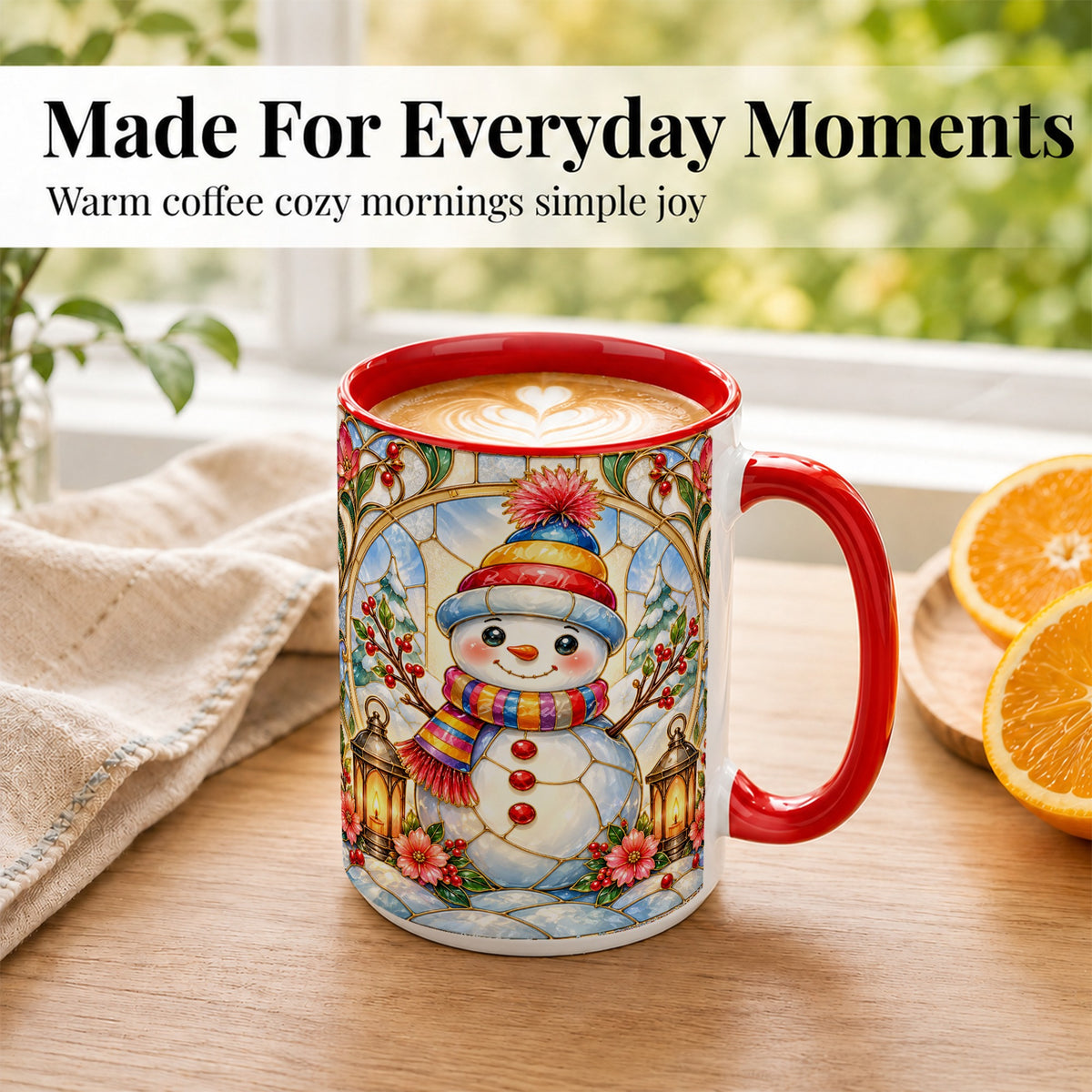 #pl[15oz|Red] Stained Glass Style Snowman Coffee Mug, Winter Snowman Mug, Ceramic Cup