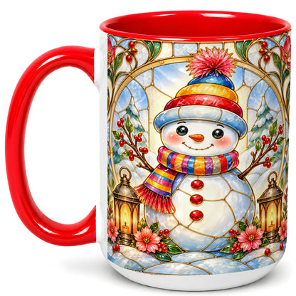 #pl[15oz|Red] Stained Glass Style Snowman Coffee Mug, Winter Snowman Mug, Ceramic Cup