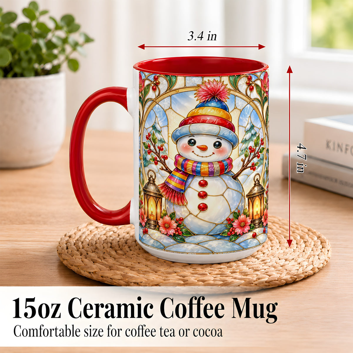 #pl[15oz|Red] Stained Glass Style Snowman Coffee Mug, Winter Snowman Mug, Ceramic Cup