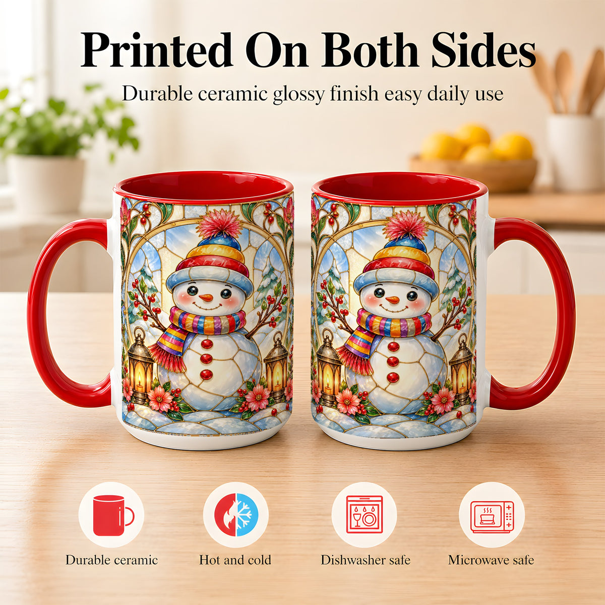 #pl[15oz|Red] Stained Glass Style Snowman Coffee Mug, Winter Snowman Mug, Ceramic Cup