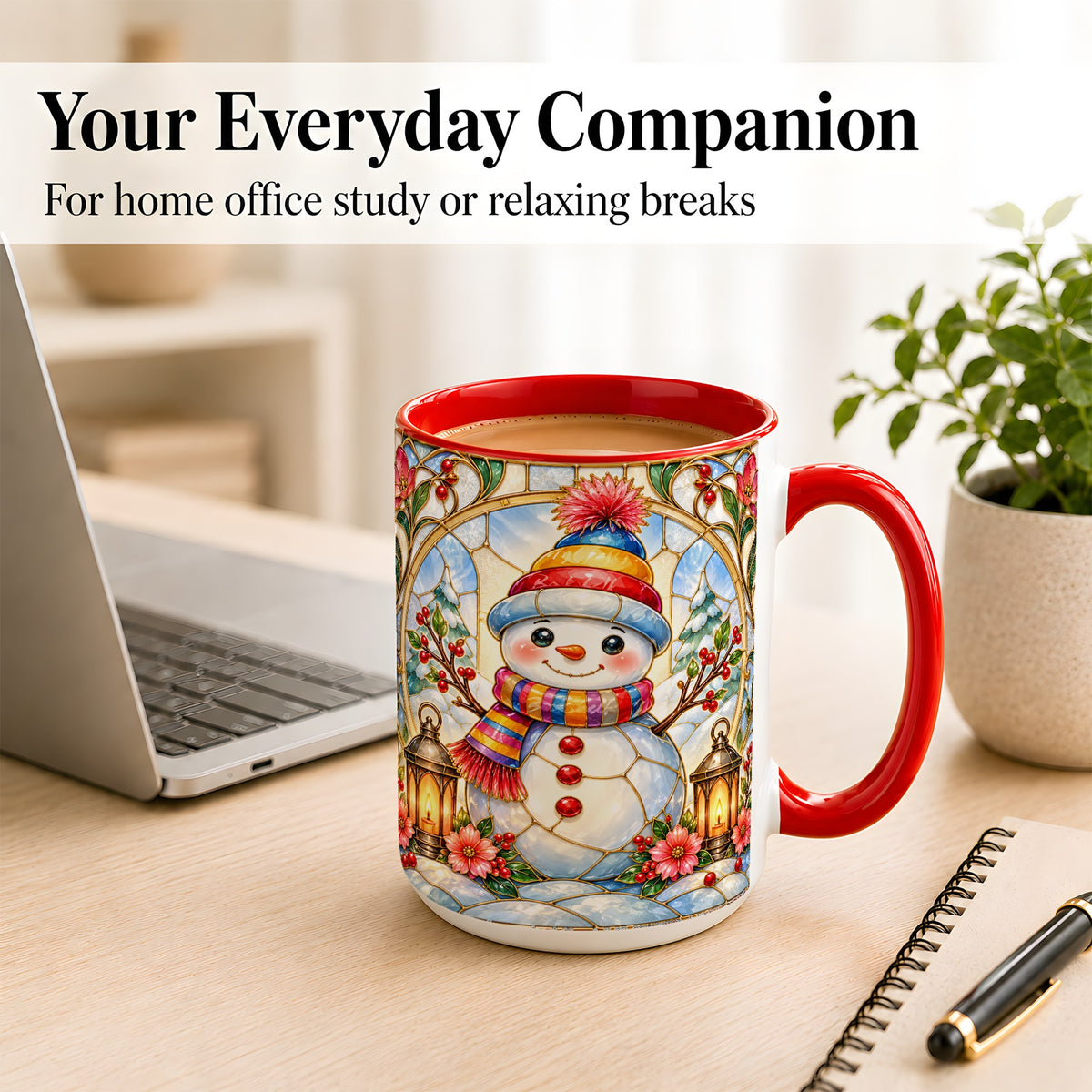 #pl[15oz|Red] Stained Glass Style Snowman Coffee Mug, Winter Snowman Mug, Ceramic Cup