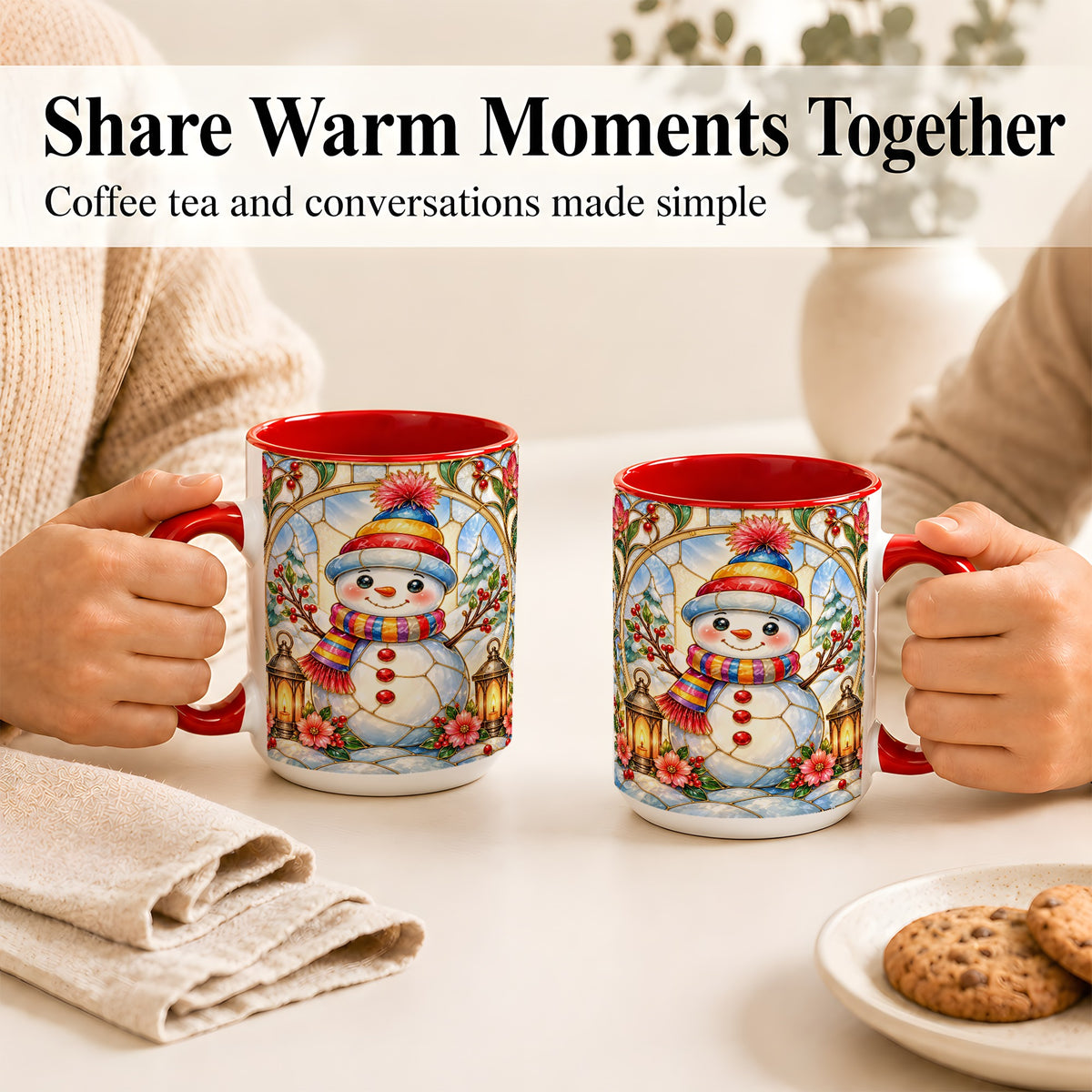 #pl[15oz|Red] Stained Glass Style Snowman Coffee Mug, Winter Snowman Mug, Ceramic Cup