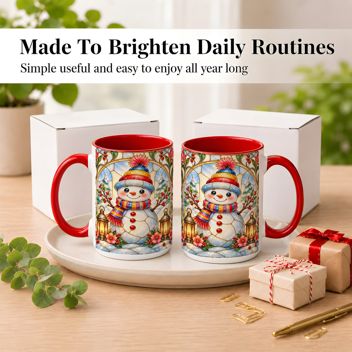 #pl[15oz|Red] Stained Glass Style Snowman Coffee Mug, Winter Snowman Mug, Ceramic Cup