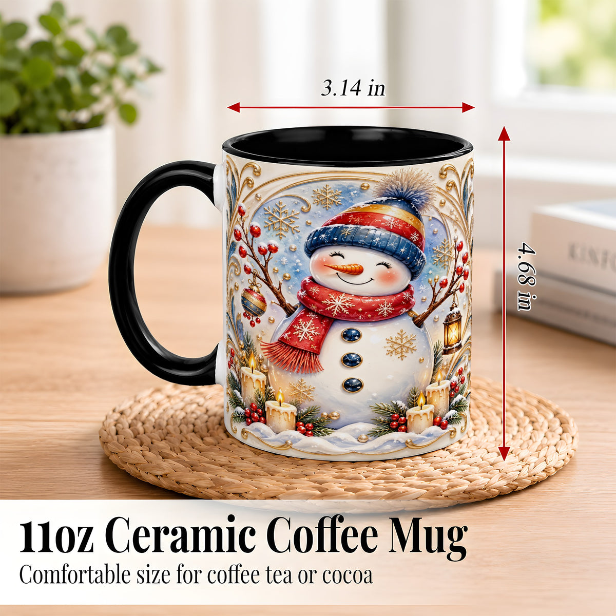 #pl[11oz|Black] Candlelit Snowman Coffee Mug, Winter Snowman Mug, Ceramic Cup
