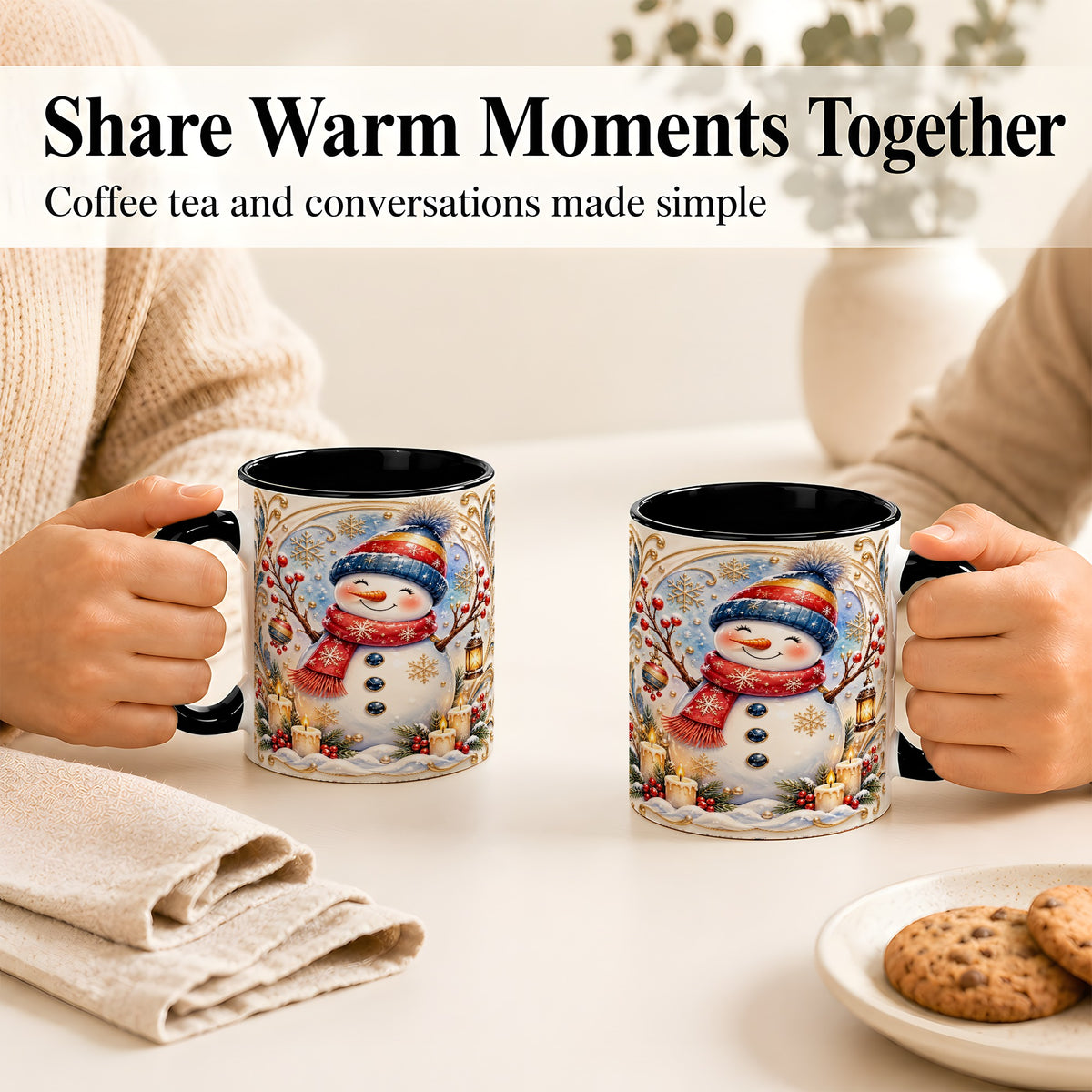 #pl[11oz|Black] Candlelit Snowman Coffee Mug, Winter Snowman Mug, Ceramic Cup