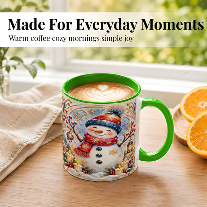 #pl[11oz|Green] Candlelit Snowman Coffee Mug, Winter Snowman Mug, Ceramic Cup