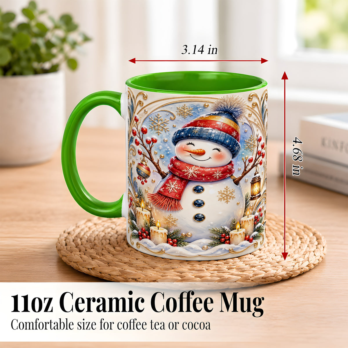 #pl[11oz|Green] Candlelit Snowman Coffee Mug, Winter Snowman Mug, Ceramic Cup