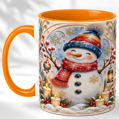 #pl[11oz|Orange] Candlelit Snowman Coffee Mug, Winter Snowman Mug, Ceramic Cup