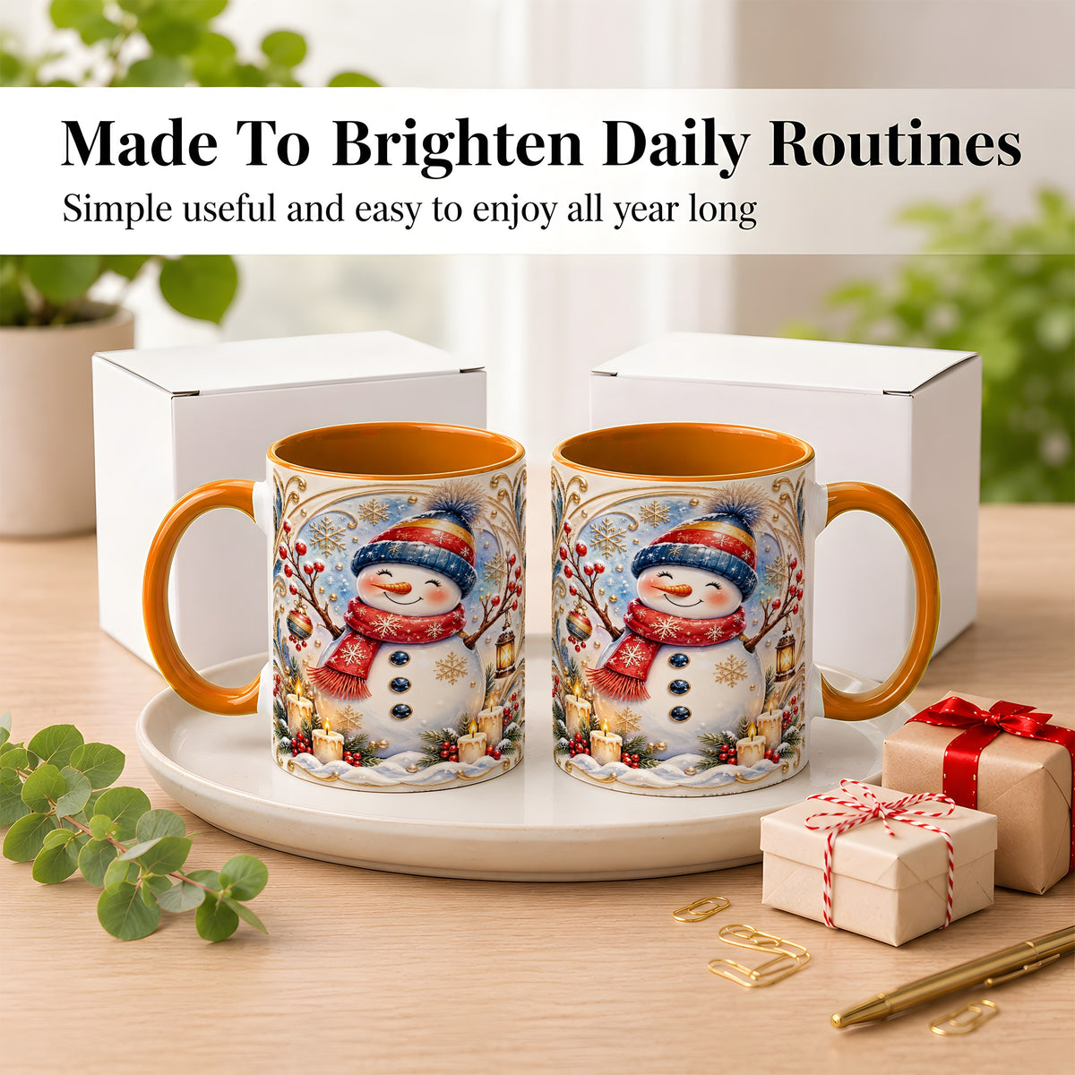 #pl[11oz|Orange] Candlelit Snowman Coffee Mug, Winter Snowman Mug, Ceramic Cup
