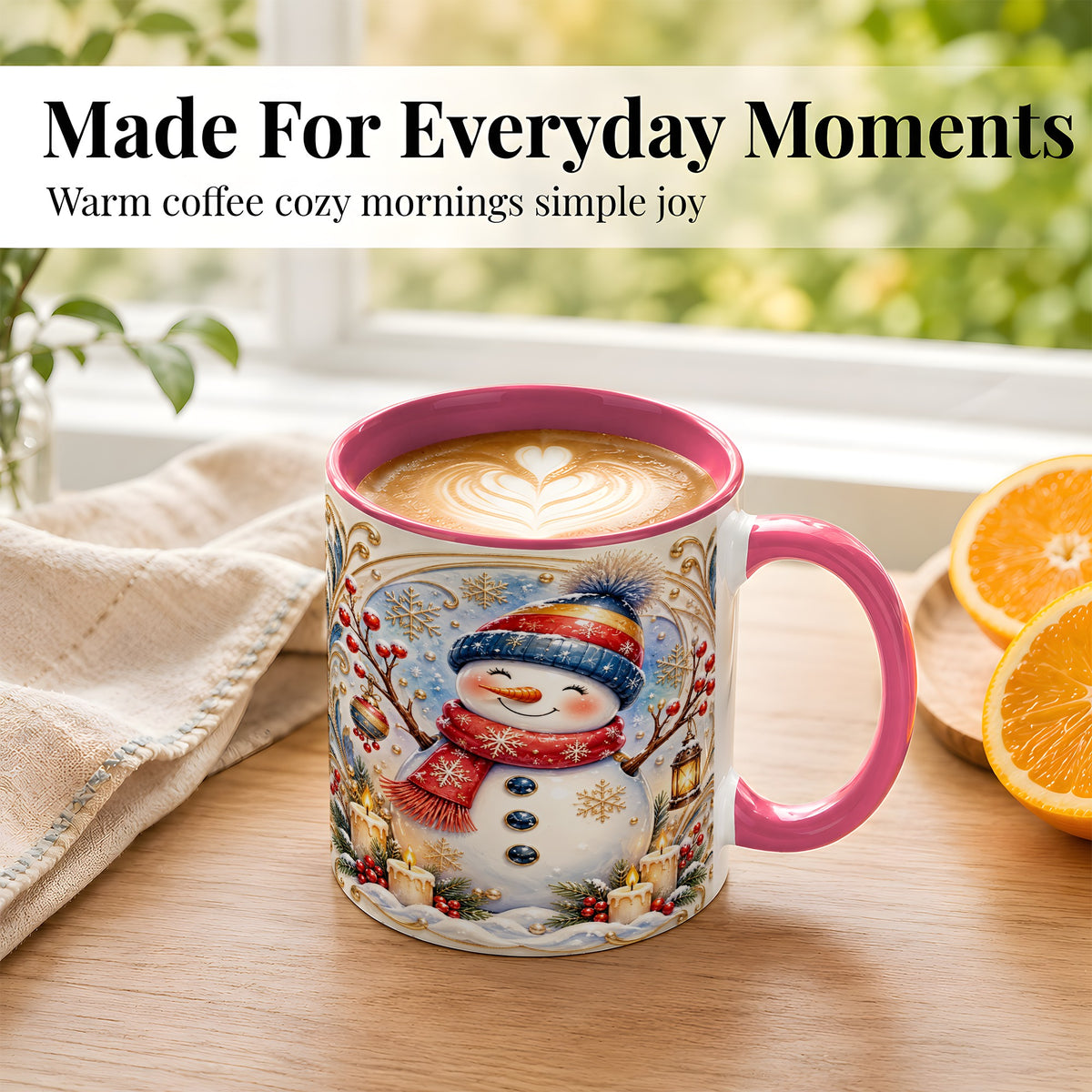 #pl[11oz|Pink] Candlelit Snowman Coffee Mug, Winter Snowman Mug, Ceramic Cup