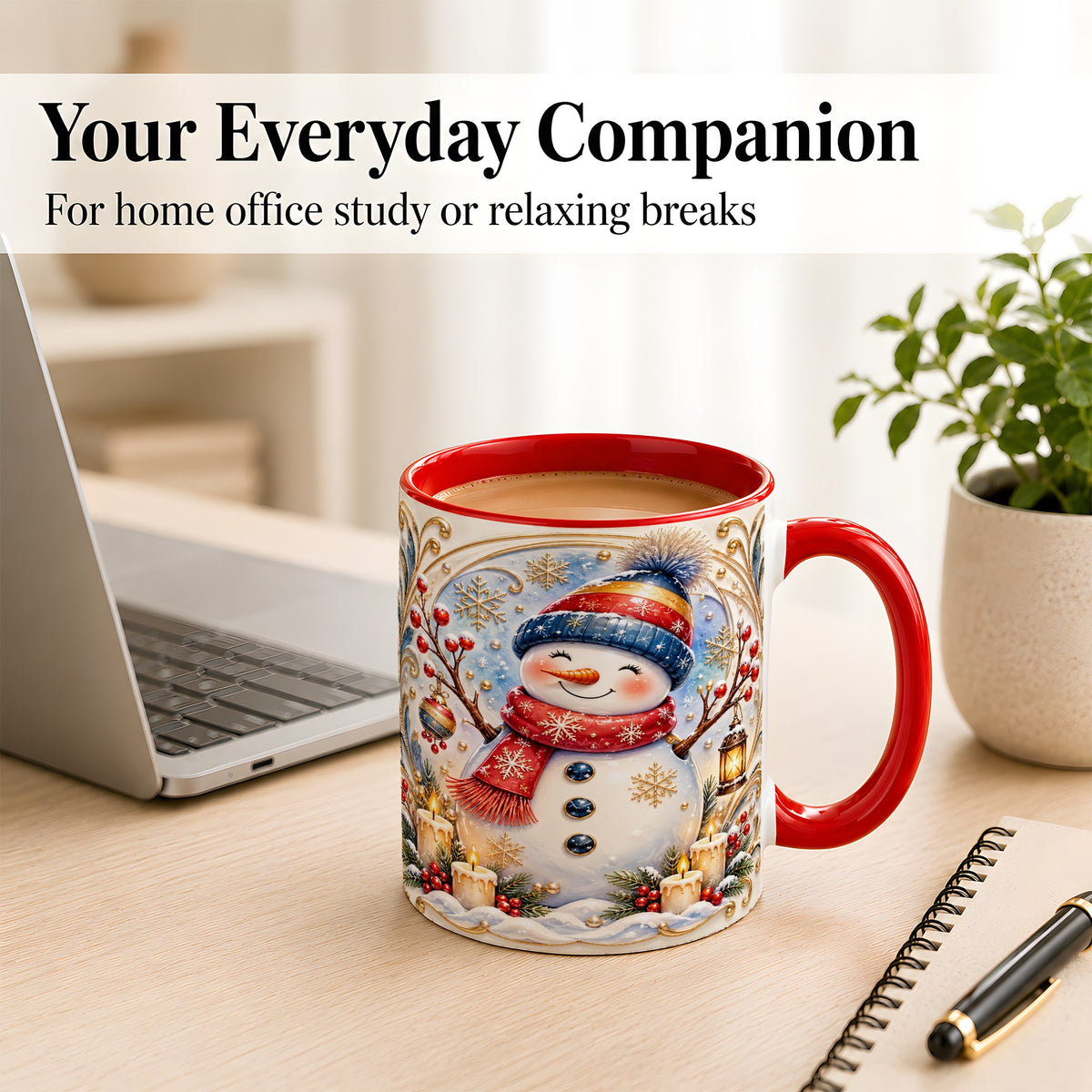 #pl[11oz|Red] Candlelit Snowman Coffee Mug, Winter Snowman Mug, Ceramic Cup