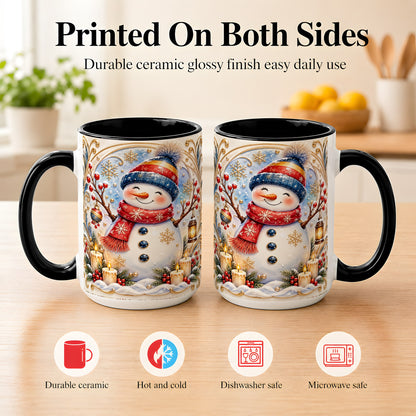 #pl[15oz|Black] Candlelit Snowman Coffee Mug, Winter Snowman Mug, Ceramic Cup