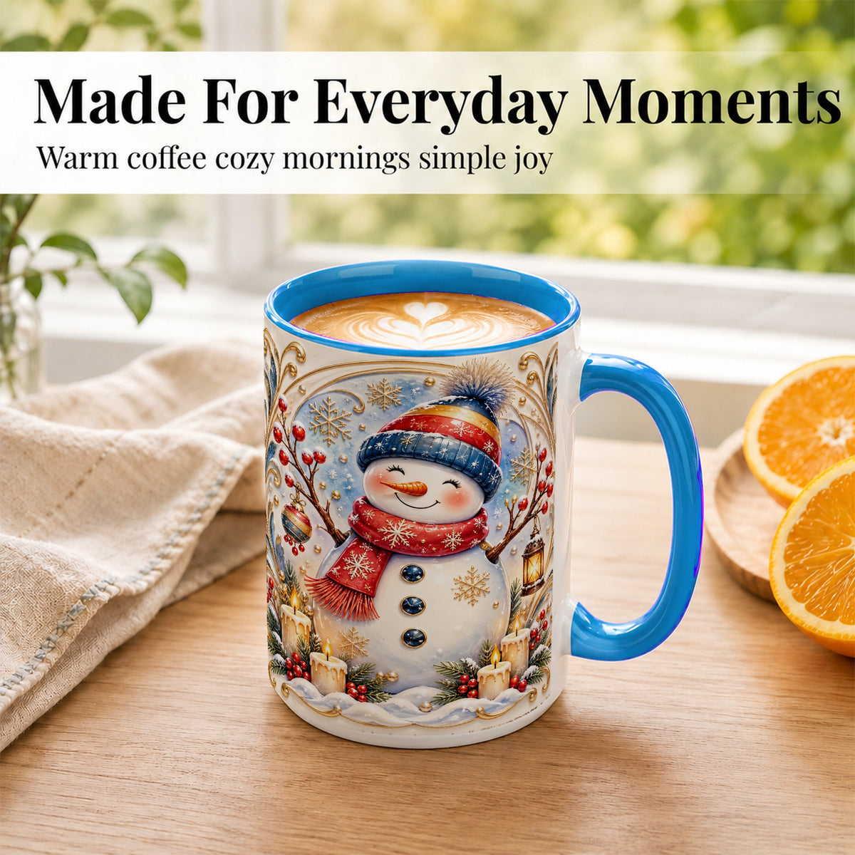 #pl[15oz|Blue] Candlelit Snowman Coffee Mug, Winter Snowman Mug, Ceramic Cup