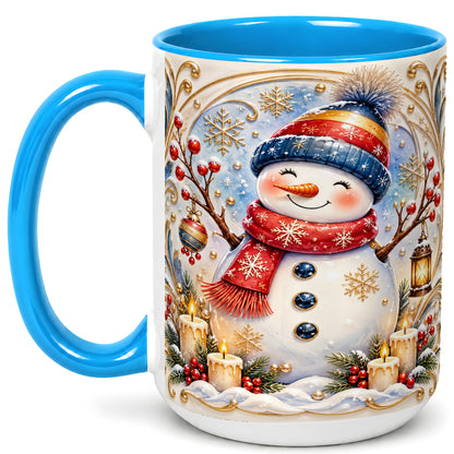 #pl[15oz|Blue] Candlelit Snowman Coffee Mug, Winter Snowman Mug, Ceramic Cup