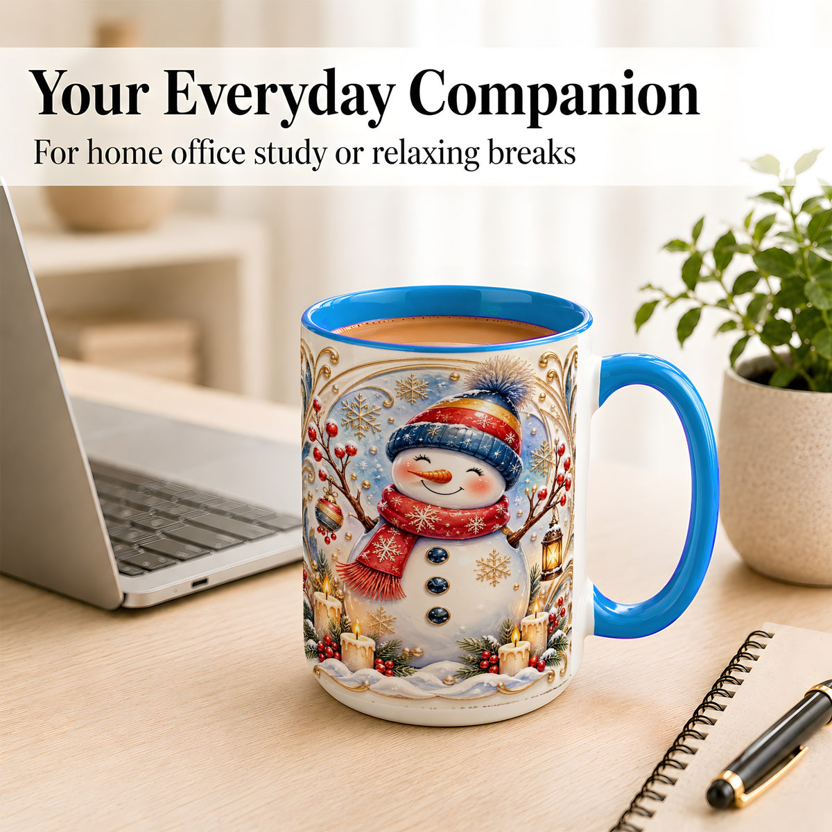#pl[15oz|Blue] Candlelit Snowman Coffee Mug, Winter Snowman Mug, Ceramic Cup
