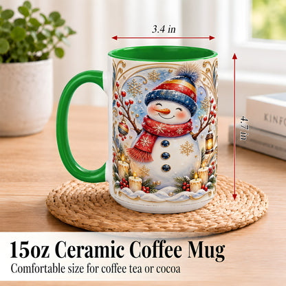 #pl[15oz|Green] Candlelit Snowman Coffee Mug, Winter Snowman Mug, Ceramic Cup