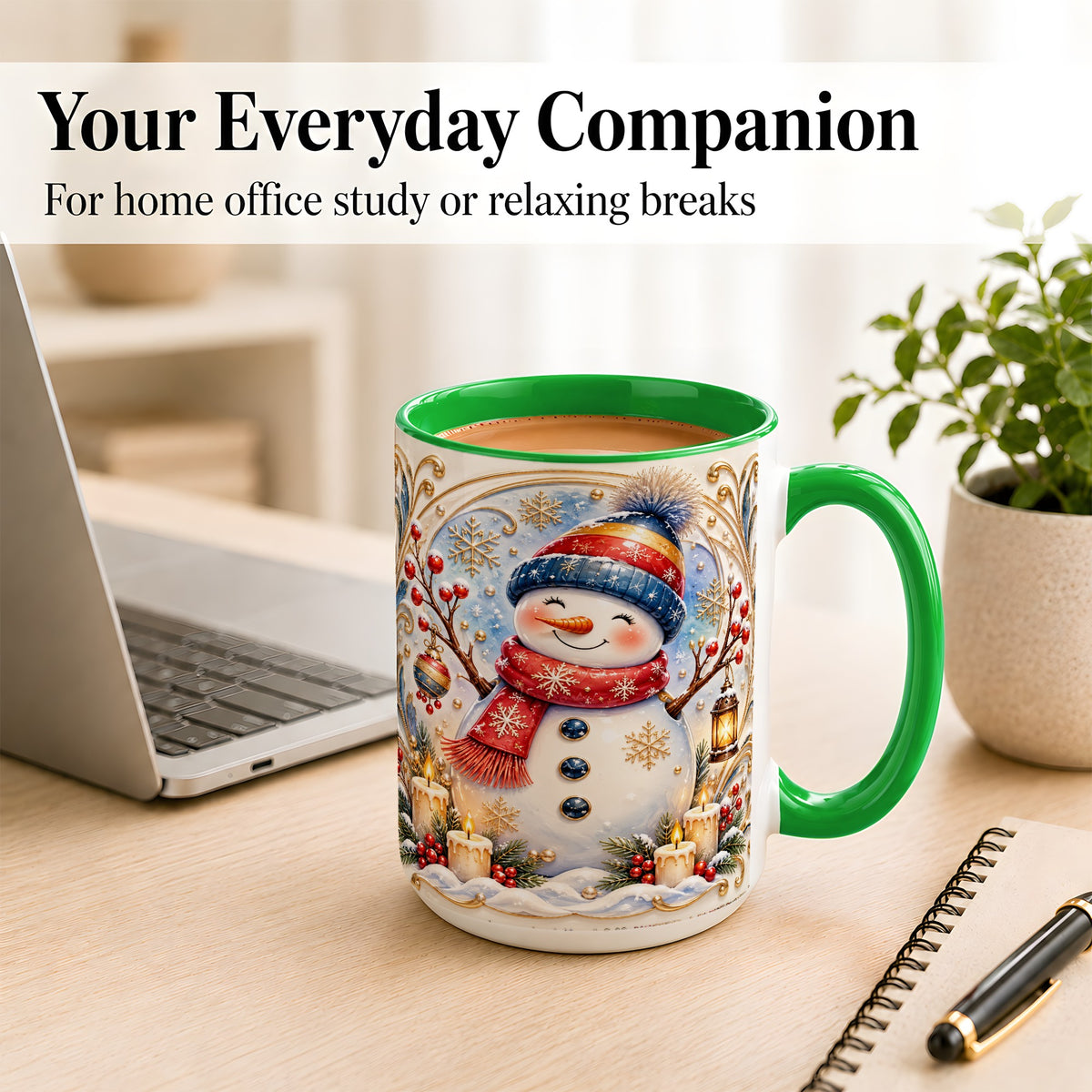 #pl[15oz|Green] Candlelit Snowman Coffee Mug, Winter Snowman Mug, Ceramic Cup