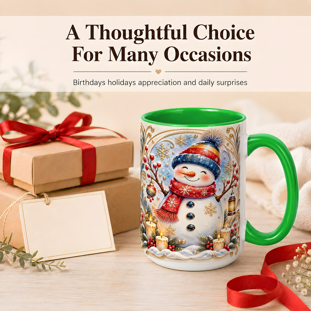 #pl[15oz|Green] Candlelit Snowman Coffee Mug, Winter Snowman Mug, Ceramic Cup