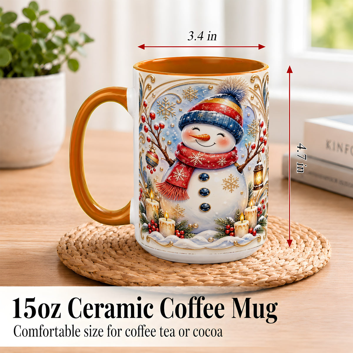 #pl[15oz|Orange] Candlelit Snowman Coffee Mug, Winter Snowman Mug, Ceramic Cup