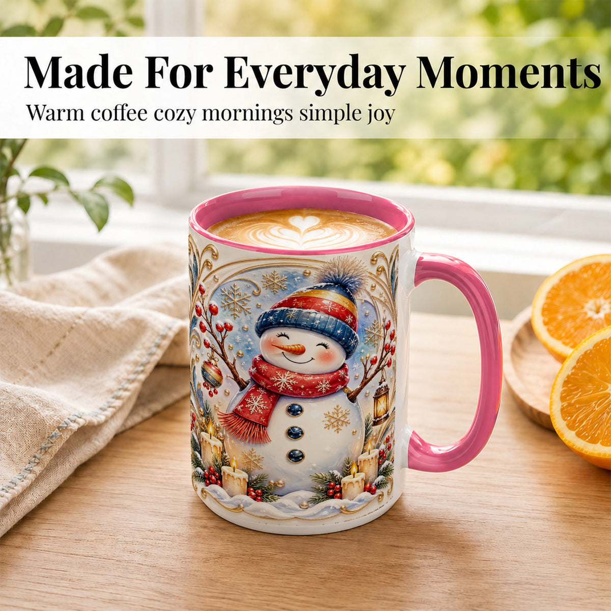 #pl[15oz|Pink] Candlelit Snowman Coffee Mug, Winter Snowman Mug, Ceramic Cup