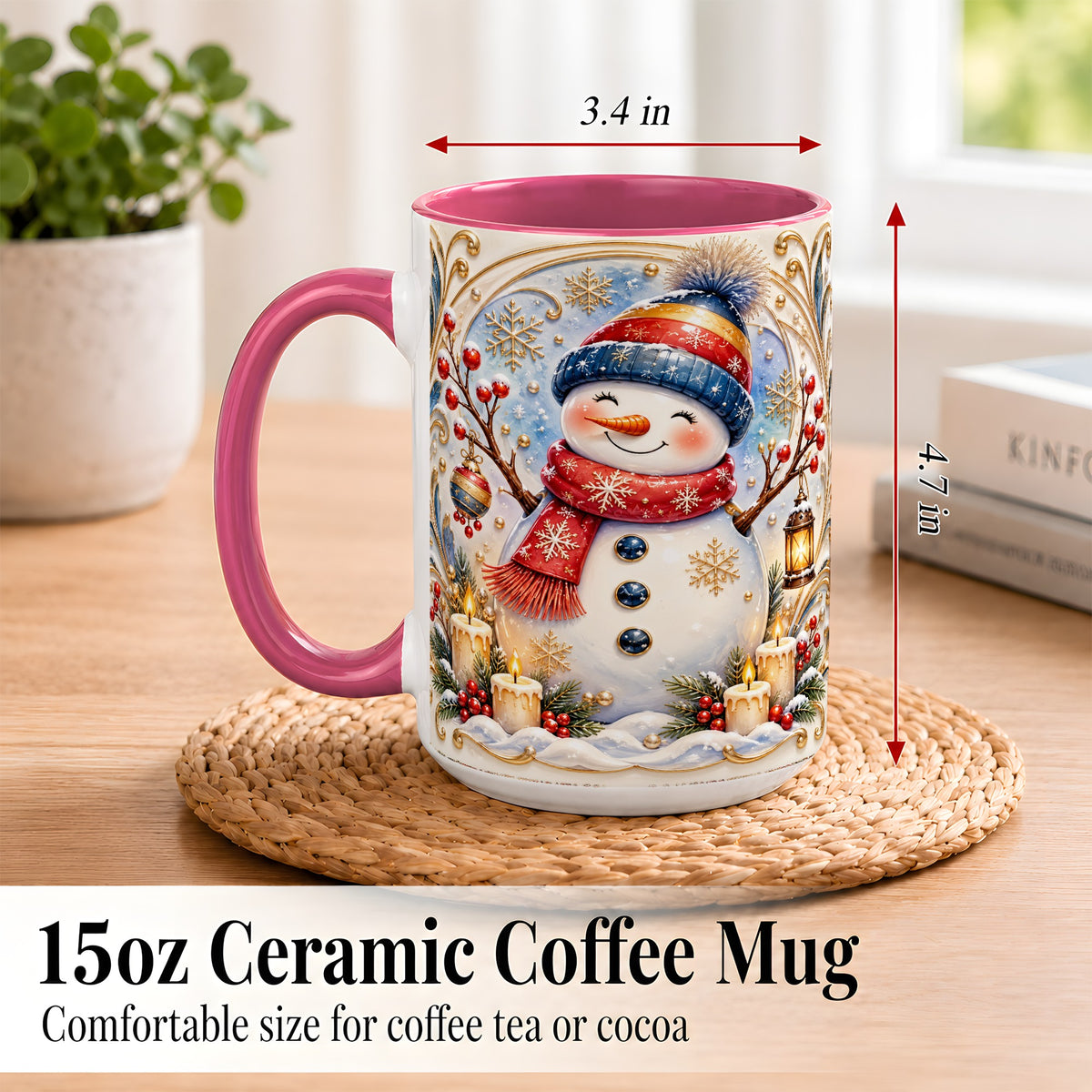 #pl[15oz|Pink] Candlelit Snowman Coffee Mug, Winter Snowman Mug, Ceramic Cup