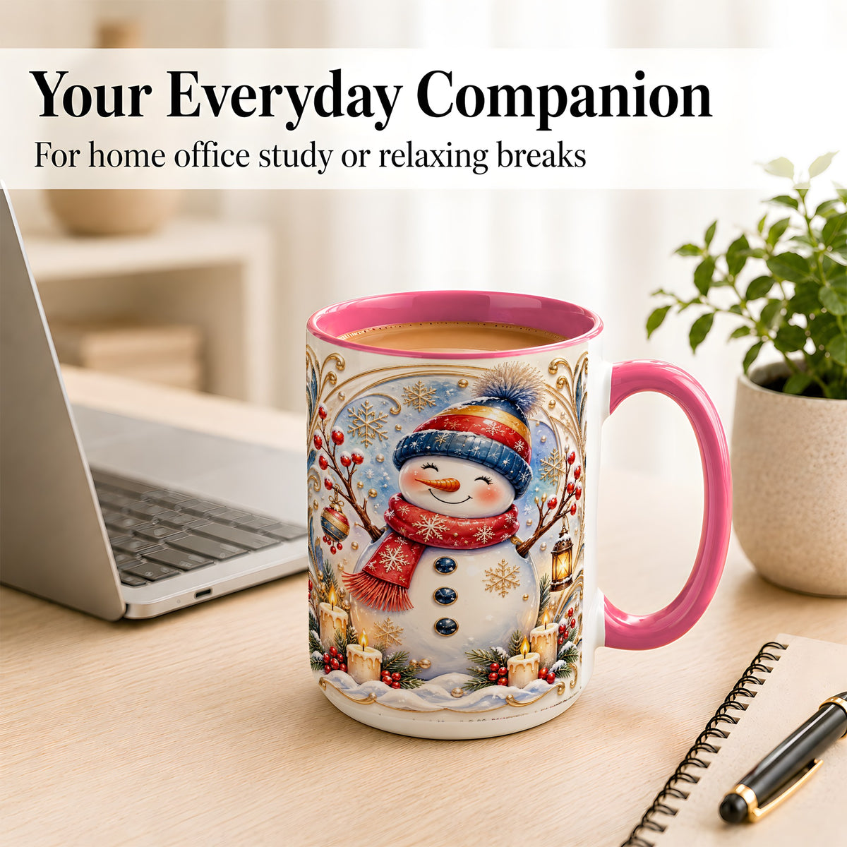 #pl[15oz|Pink] Candlelit Snowman Coffee Mug, Winter Snowman Mug, Ceramic Cup