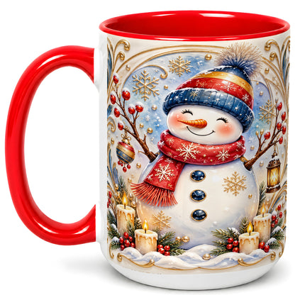 #pl[15oz|Red] Candlelit Snowman Coffee Mug, Winter Snowman Mug, Ceramic Cup