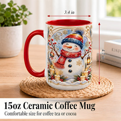 #pl[15oz|Red] Candlelit Snowman Coffee Mug, Winter Snowman Mug, Ceramic Cup