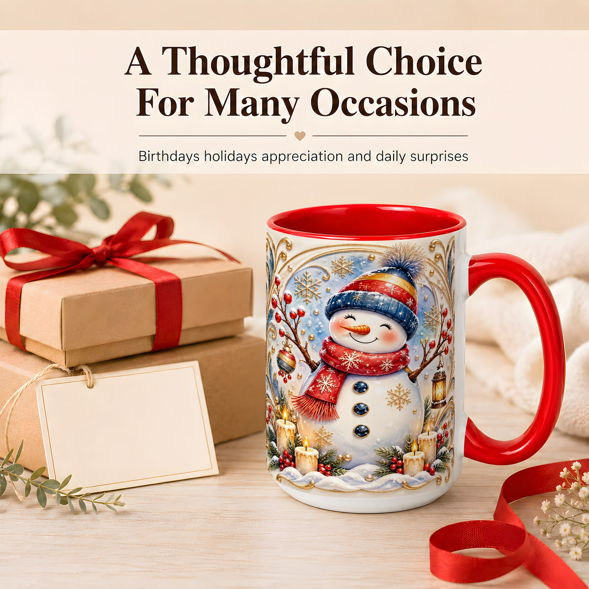 #pl[15oz|Red] Candlelit Snowman Coffee Mug, Winter Snowman Mug, Ceramic Cup