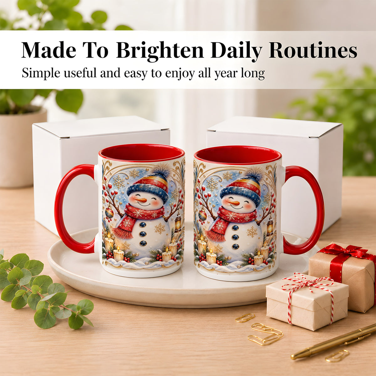 #pl[15oz|Red] Candlelit Snowman Coffee Mug, Winter Snowman Mug, Ceramic Cup