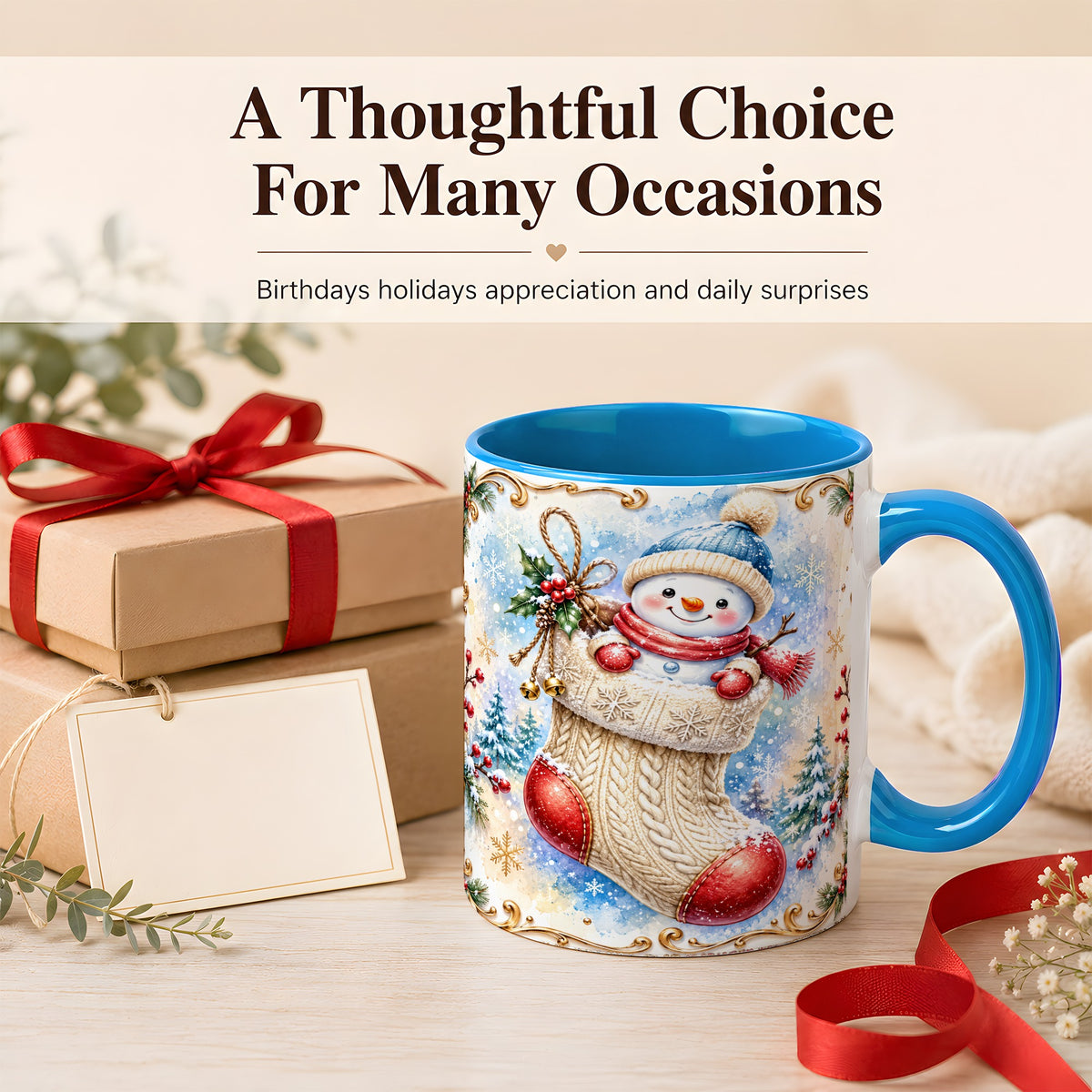 #pl[11oz|Blue] Stocking Snowman Coffee Mug, Watercolor Snowman Mug, Ceramic Cup