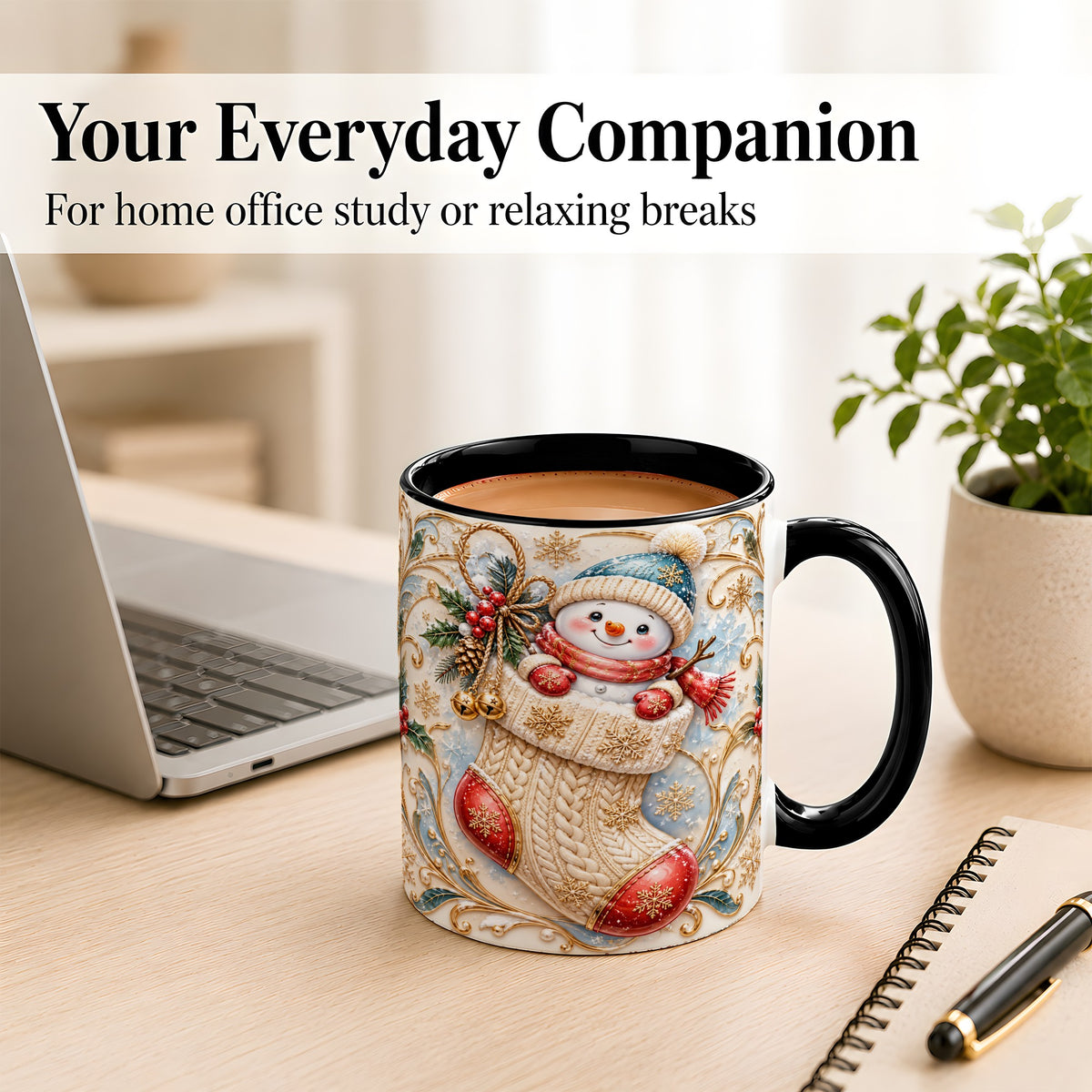 #pl[11oz|Black] Ornate Stocking Snowman Coffee Mug, Winter Snowman Mug, Ceramic Cup