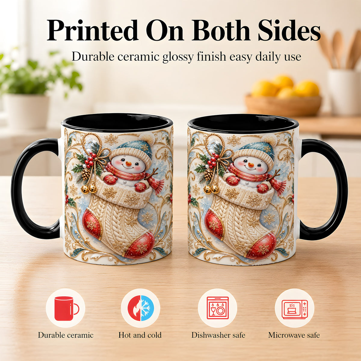 #pl[11oz|Black] Ornate Stocking Snowman Coffee Mug, Winter Snowman Mug, Ceramic Cup