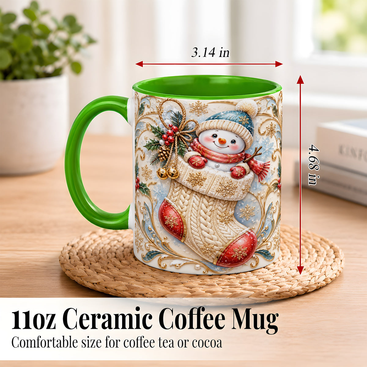 #pl[11oz|Green] Ornate Stocking Snowman Coffee Mug, Winter Snowman Mug, Ceramic Cup