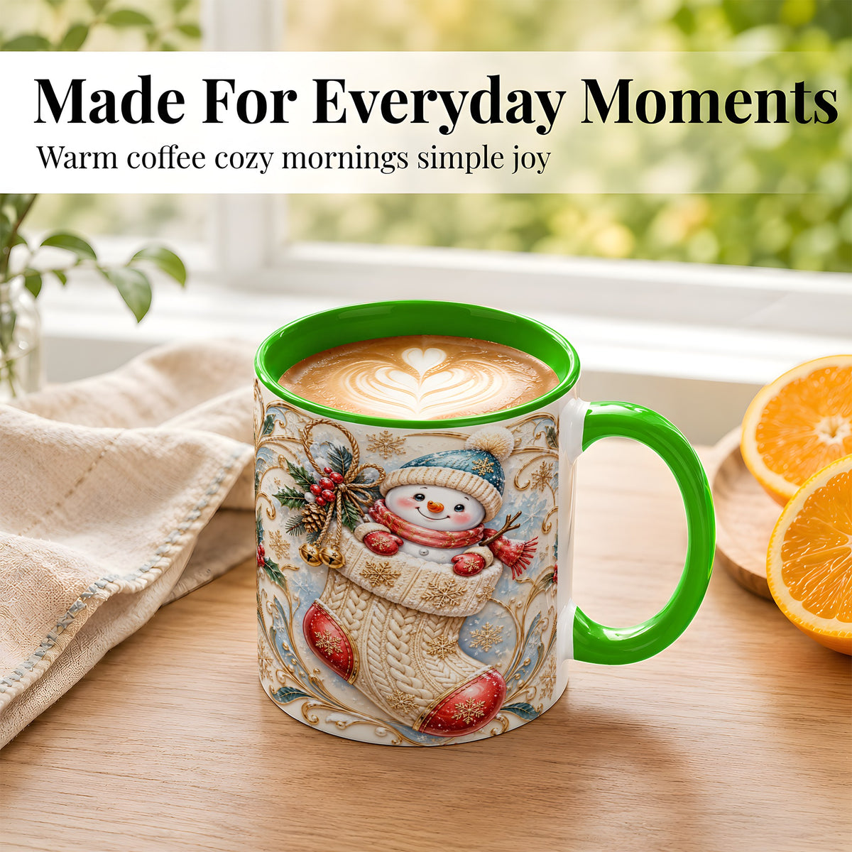 #pl[11oz|Green] Ornate Stocking Snowman Coffee Mug, Winter Snowman Mug, Ceramic Cup