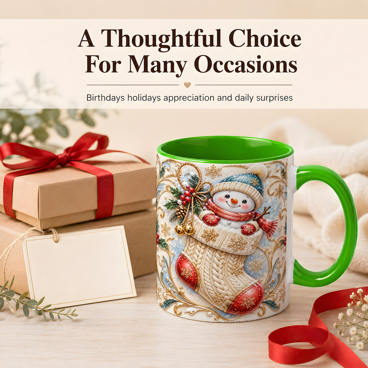 #pl[11oz|Green] Ornate Stocking Snowman Coffee Mug, Winter Snowman Mug, Ceramic Cup