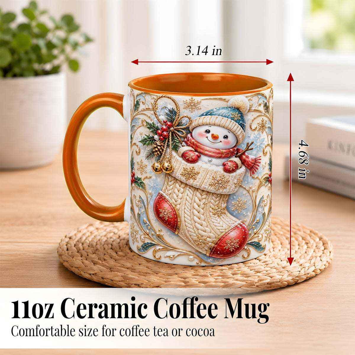 #pl[11oz|Orange] Ornate Stocking Snowman Coffee Mug, Winter Snowman Mug, Ceramic Cup