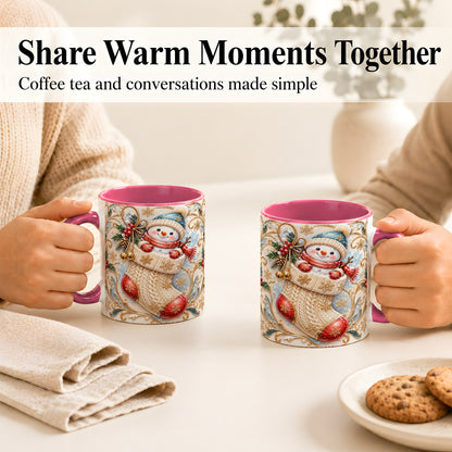 #pl[11oz|Pink] Ornate Stocking Snowman Coffee Mug, Winter Snowman Mug, Ceramic Cup