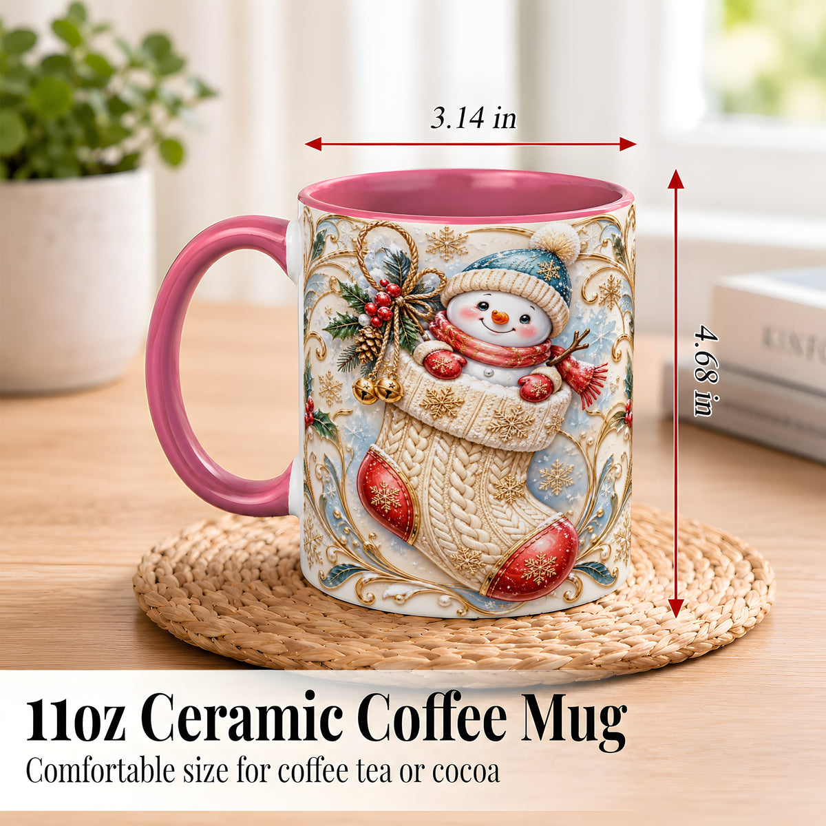 #pl[11oz|Pink] Ornate Stocking Snowman Coffee Mug, Winter Snowman Mug, Ceramic Cup