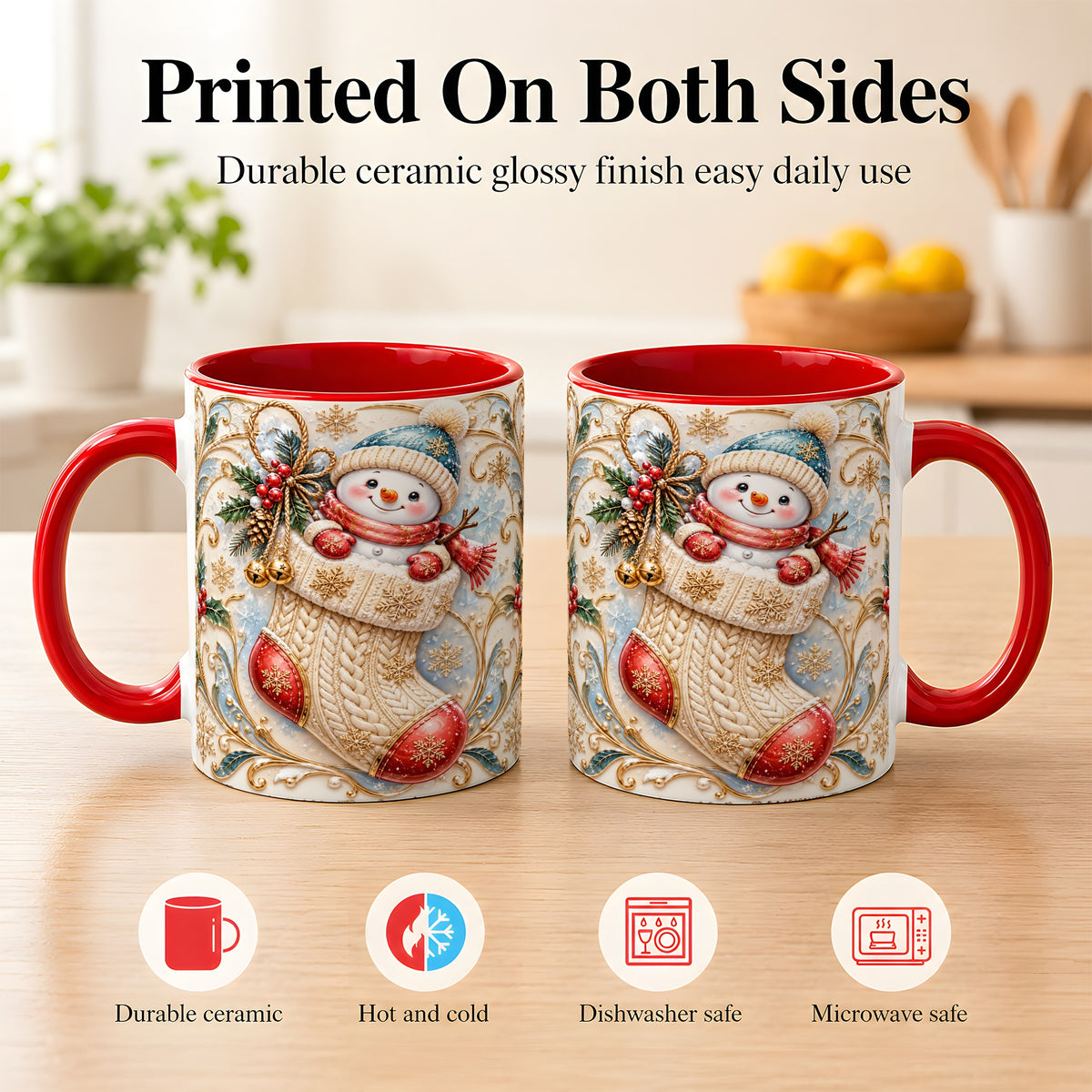#pl[11oz|Red] Ornate Stocking Snowman Coffee Mug, Winter Snowman Mug, Ceramic Cup