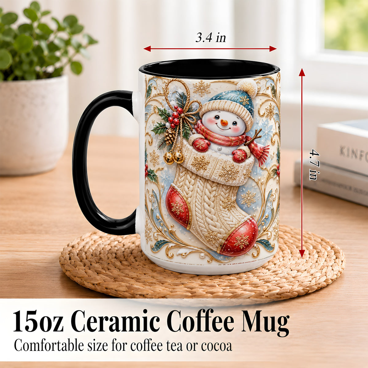 #pl[15oz|Black] Ornate Stocking Snowman Coffee Mug, Winter Snowman Mug, Ceramic Cup