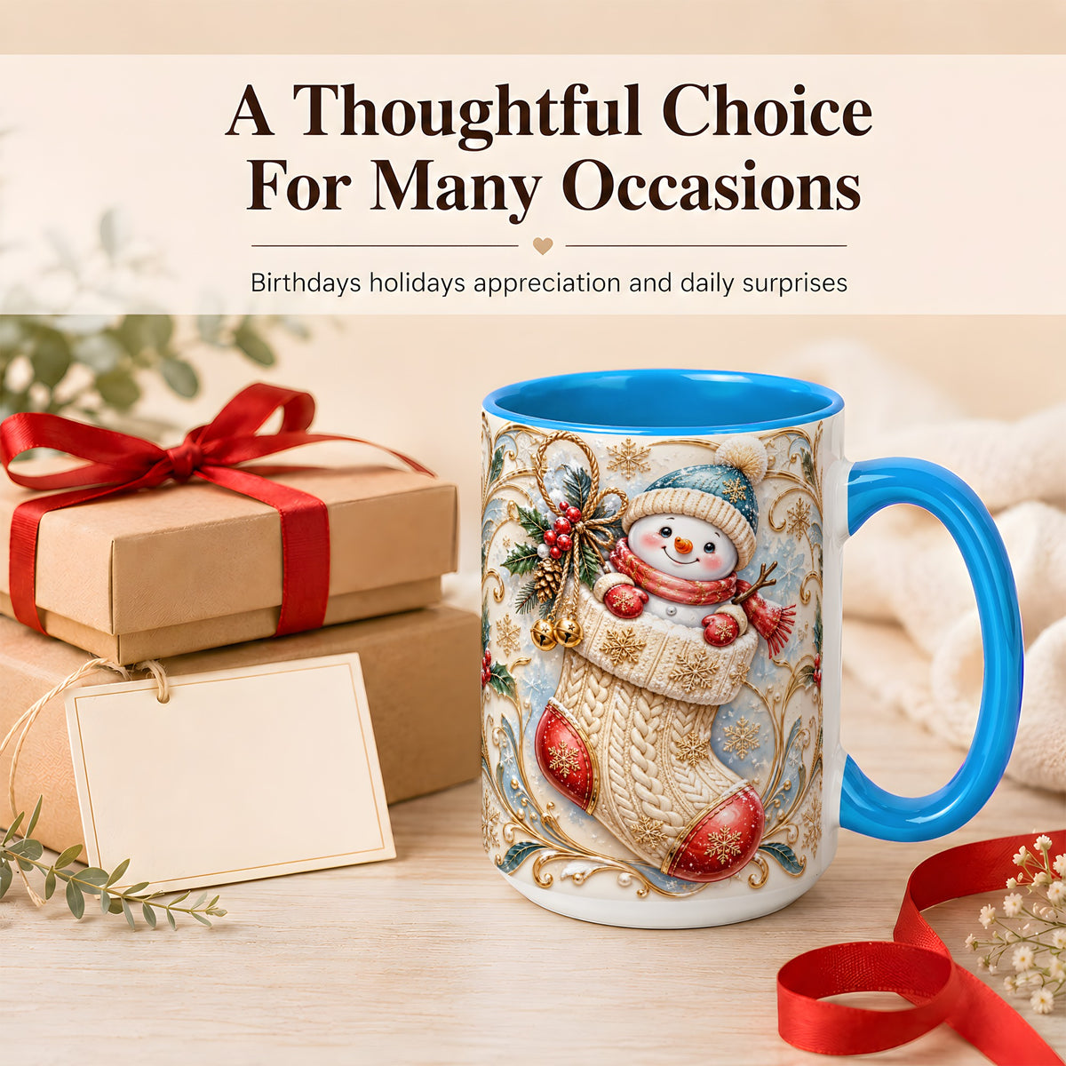 #pl[15oz|Blue] Ornate Stocking Snowman Coffee Mug, Winter Snowman Mug, Ceramic Cup
