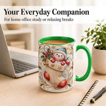 #pl[15oz|Green] Ornate Stocking Snowman Coffee Mug, Winter Snowman Mug, Ceramic Cup
